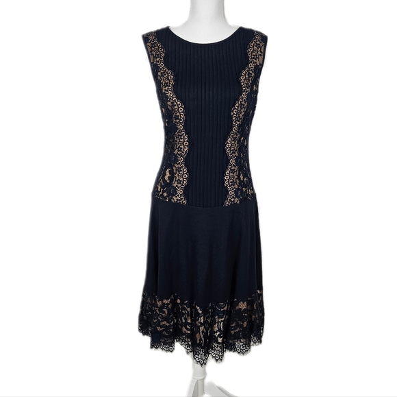 Medium Tadashi Shoji Pintuck Jersey Lace Panel Dress Sheer Lace Navy Blue Knee - Picture 1 of 8